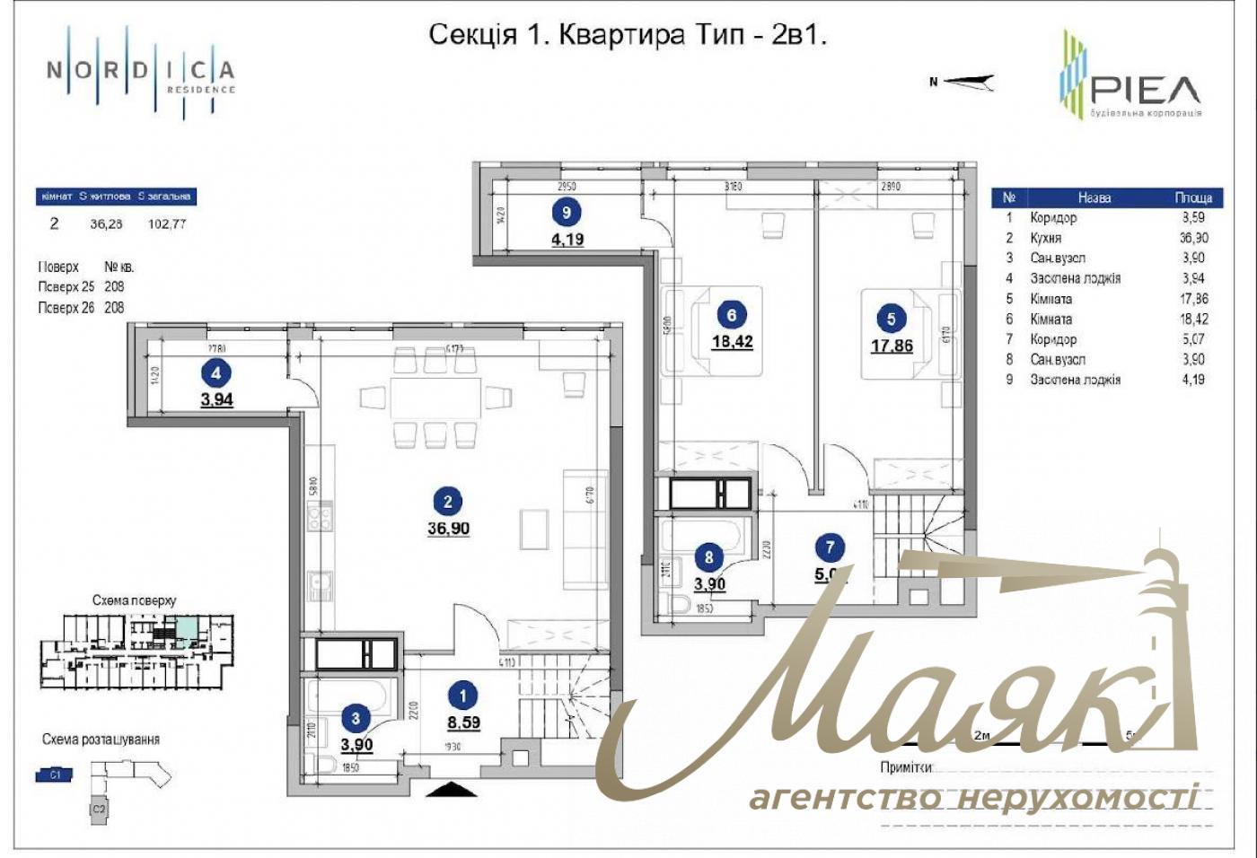 Продаж 3х кімнатного пентхауса 103м2, ЖК Nordica