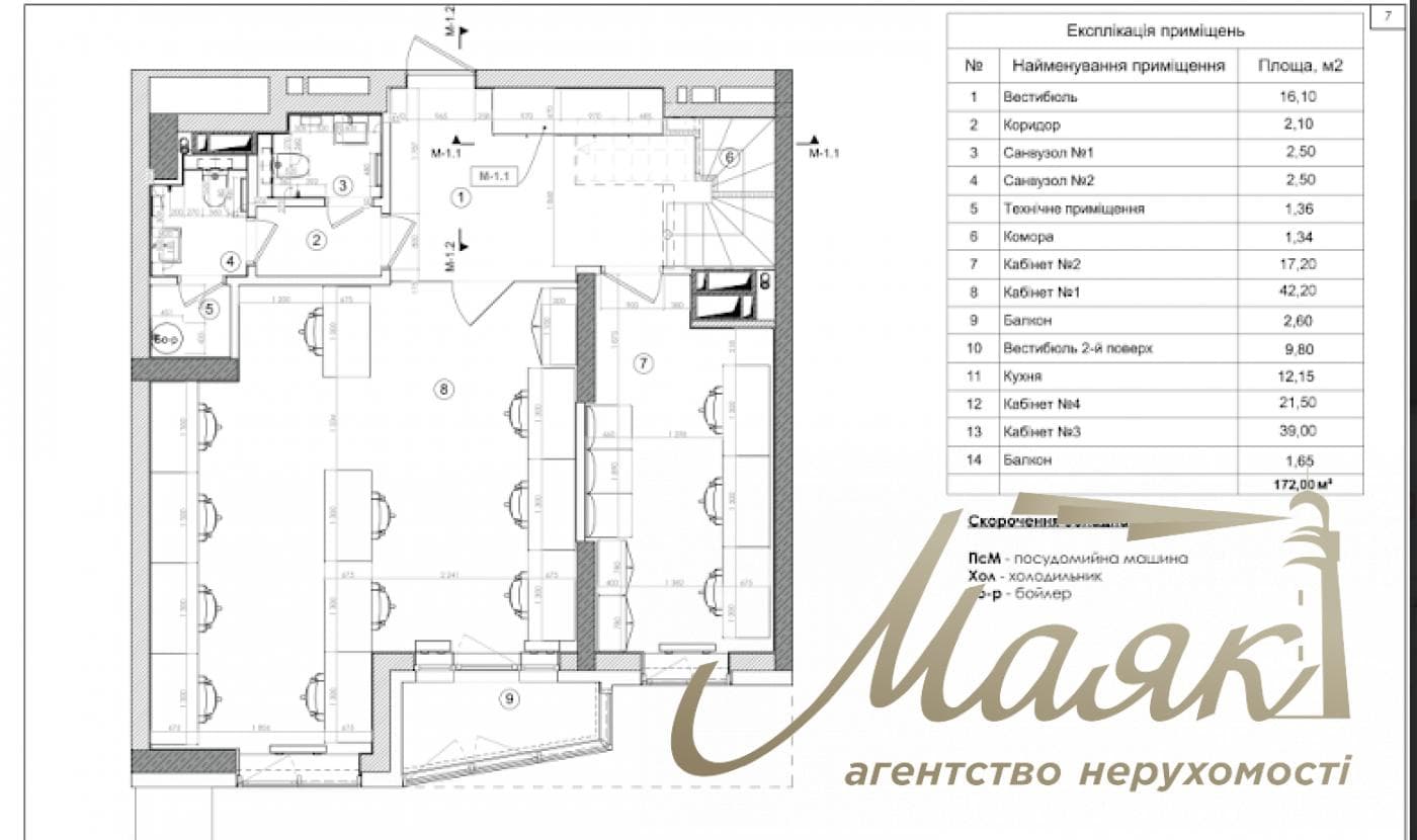 Office for rent 172m2 in Vladimirsky Residential Complex at 109 Antonovicha Street.