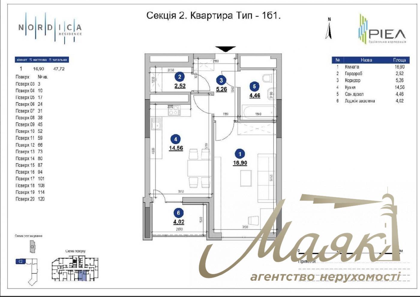 For sale 1k apartment 47.72m2 Residential Complex Nordica, 1 building