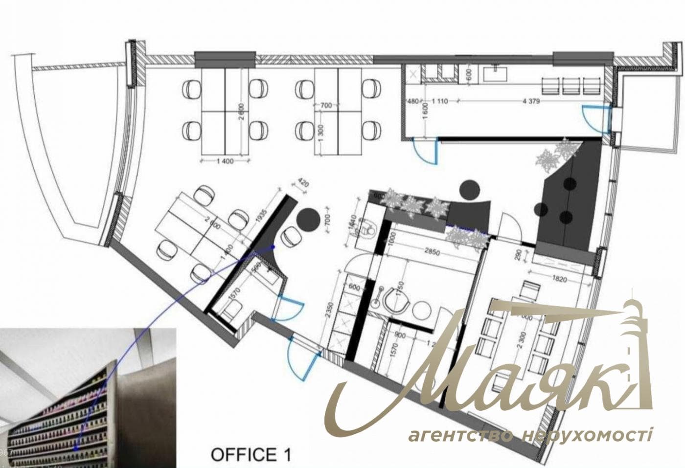 155 m² office space for rent in the Busov Hill residential complex, 12 Buslovskaya St., Pechersk.