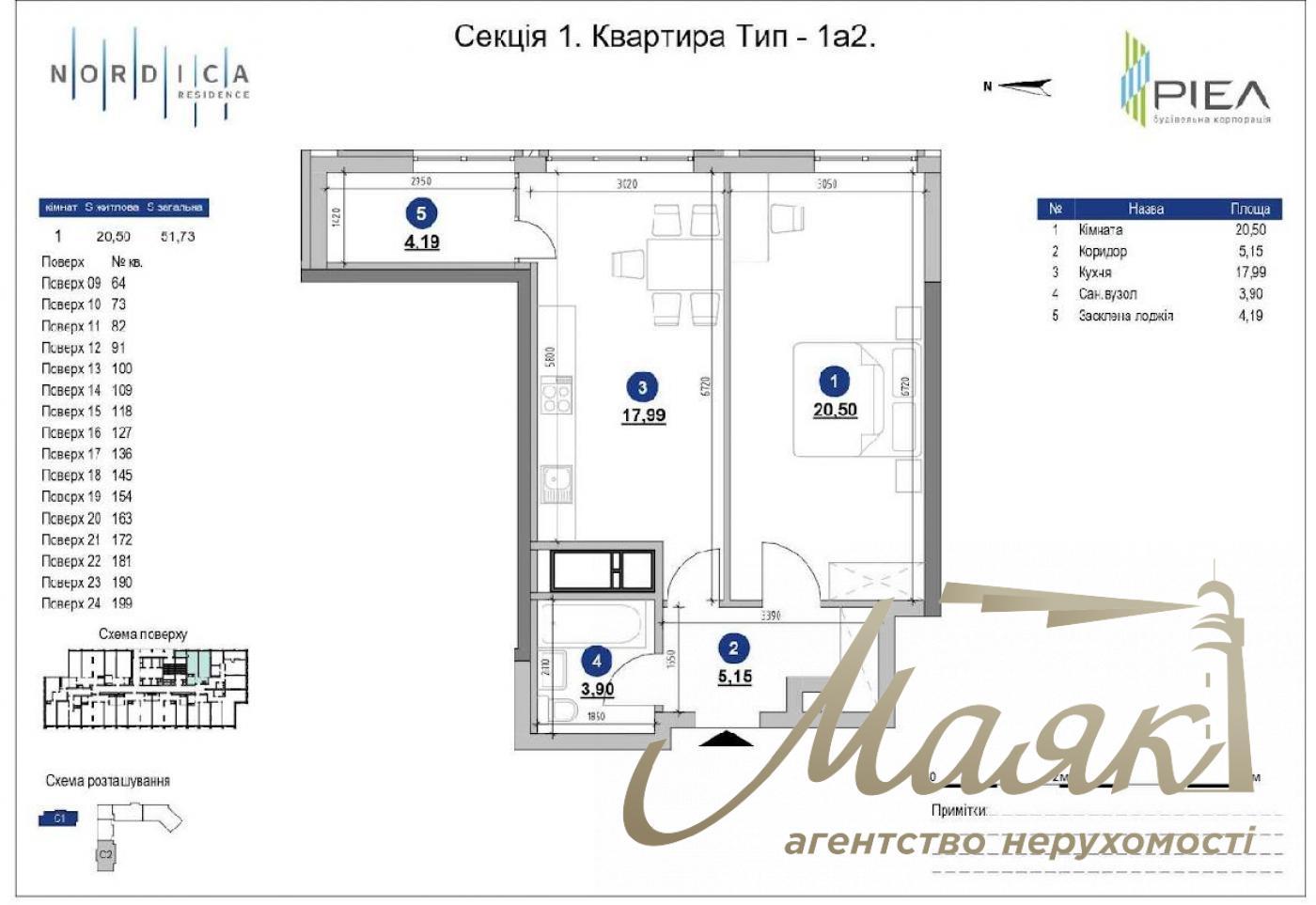 For sale 1k apartment 51.73m2 Residential Complex Nordica, 1 building